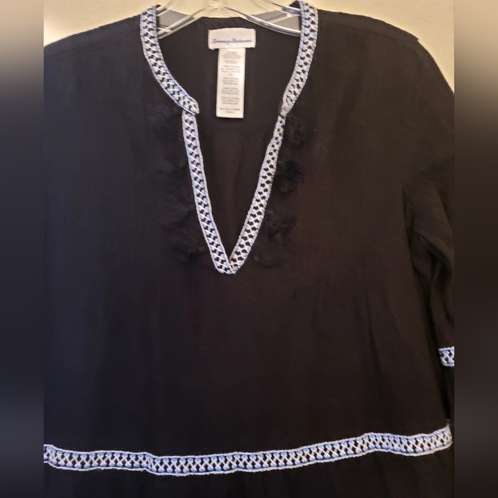 Tommy Bahama Black Embroidered Tassel V-neck Dress Womens Size XS Tunic Cotton - Picture 8 of 16
